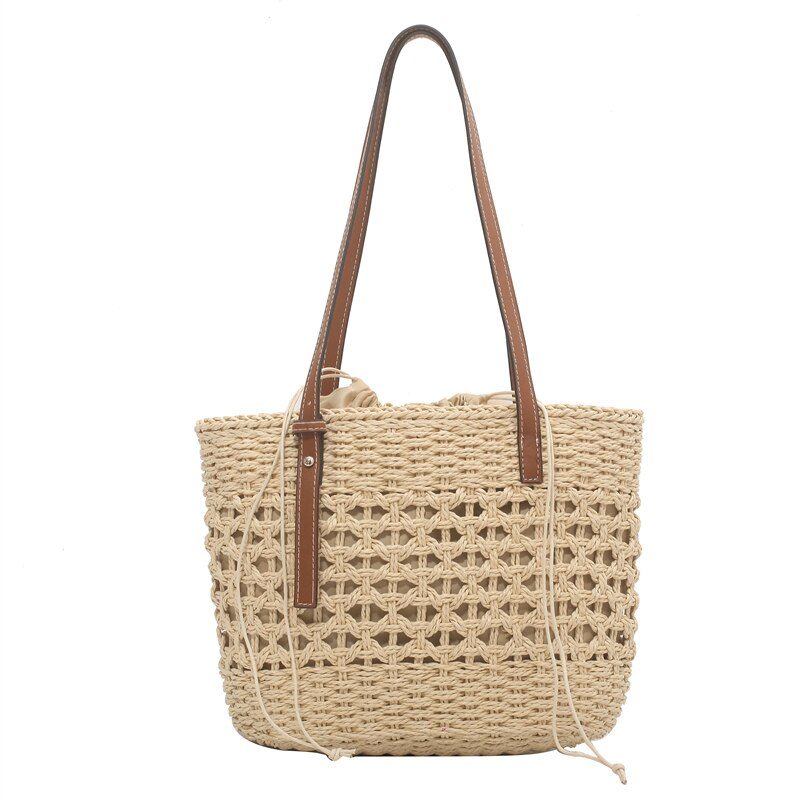 Amaya Store Strå Strandbøtte Håndtaske Til Kvinder - Beige