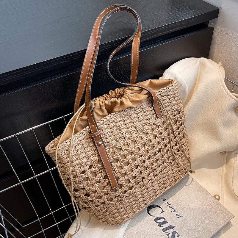 Amaya Store Strå Strandbøtte Håndtaske Til Kvinder - Beige