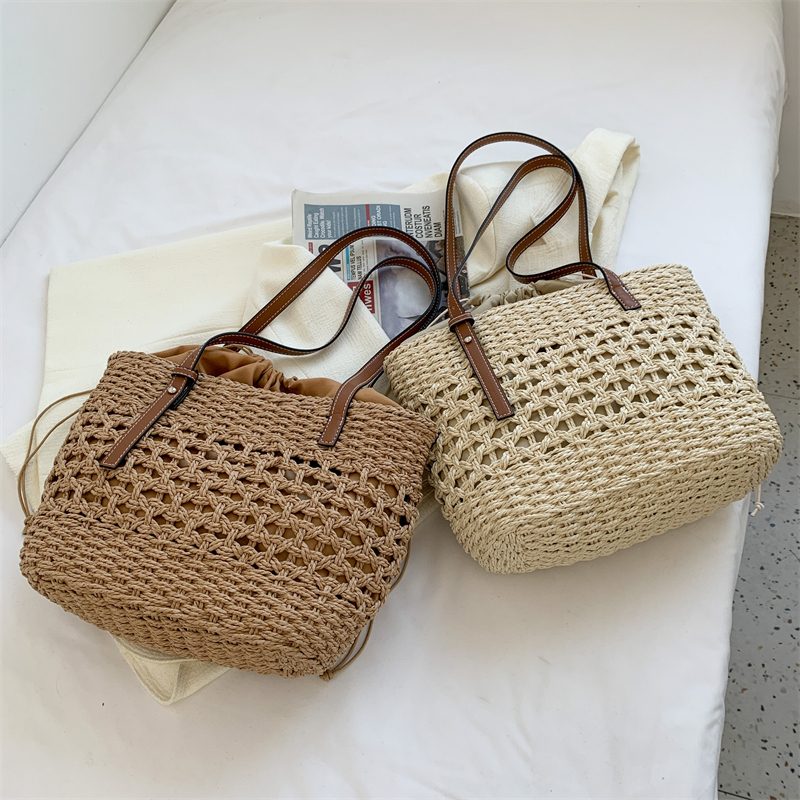 Amaya Store Strå Strandbøtte Håndtaske Til Kvinder - Beige