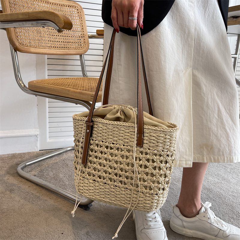 Amaya Store Strå Strandbøtte Håndtaske Til Kvinder - Beige