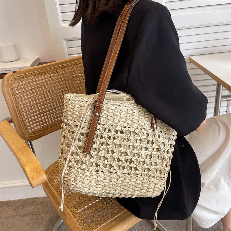Amaya Store Strå Strandbøtte Håndtaske Til Kvinder - Beige