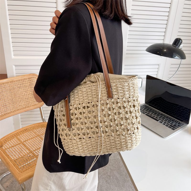 Amaya Store Strå Strandbøtte Håndtaske Til Kvinder - Beige