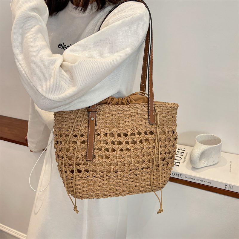 Amaya Store Strå Strandbøtte Håndtaske Til Kvinder - Beige