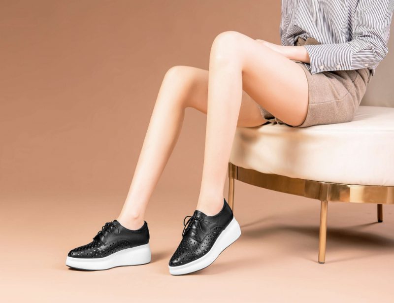 Asiloe Dame Casual Læder Platform Sorte Sko - Hvid