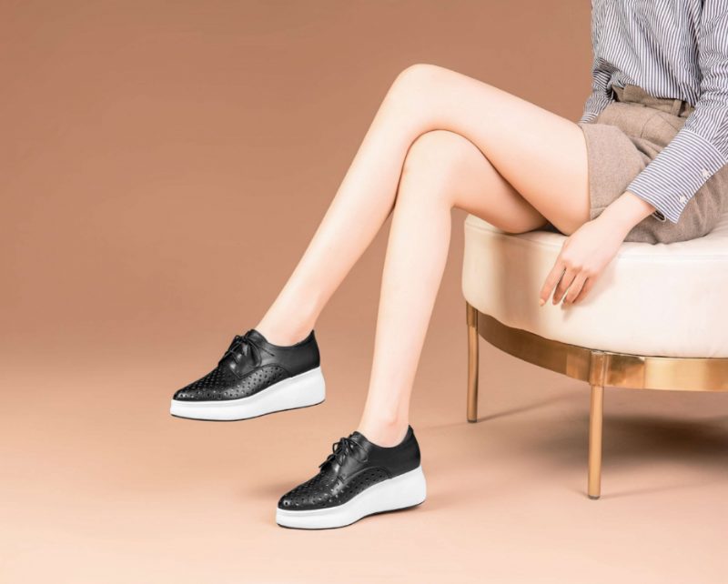 Asiloe Dame Casual Læder Platform Sorte Sko - Hvid