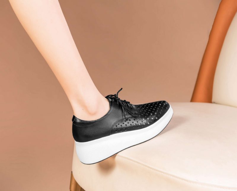 Asiloe Dame Casual Læder Platform Sorte Sko - Hvid
