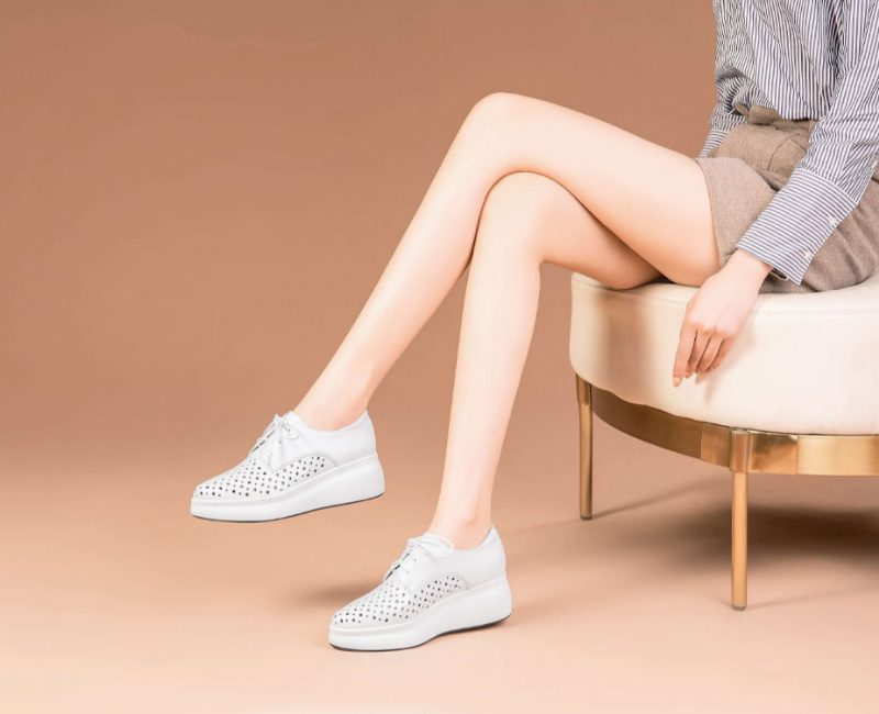Asiloe Dame Casual Læder Platform Sorte Sko - Hvid