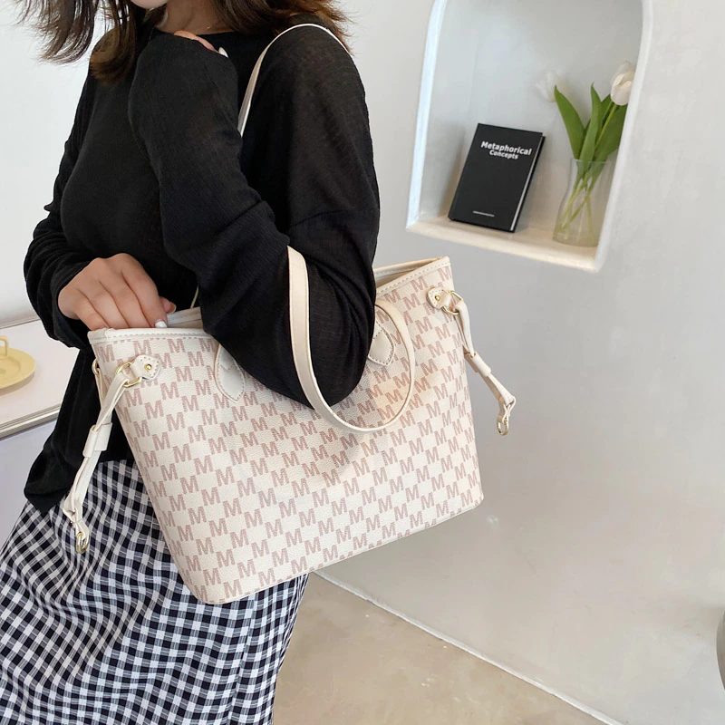 Audrey Dame Designer Høj Kapacitet Stor Skulder Håndtaske - Beige
