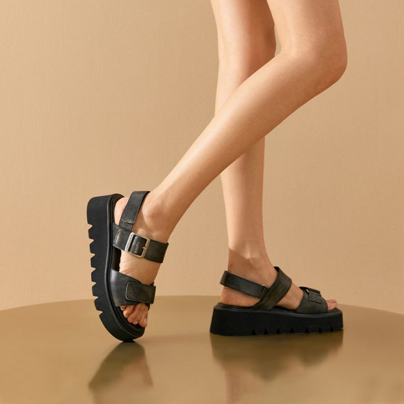 Berta Dame Læder Flats Sandaler - Sort