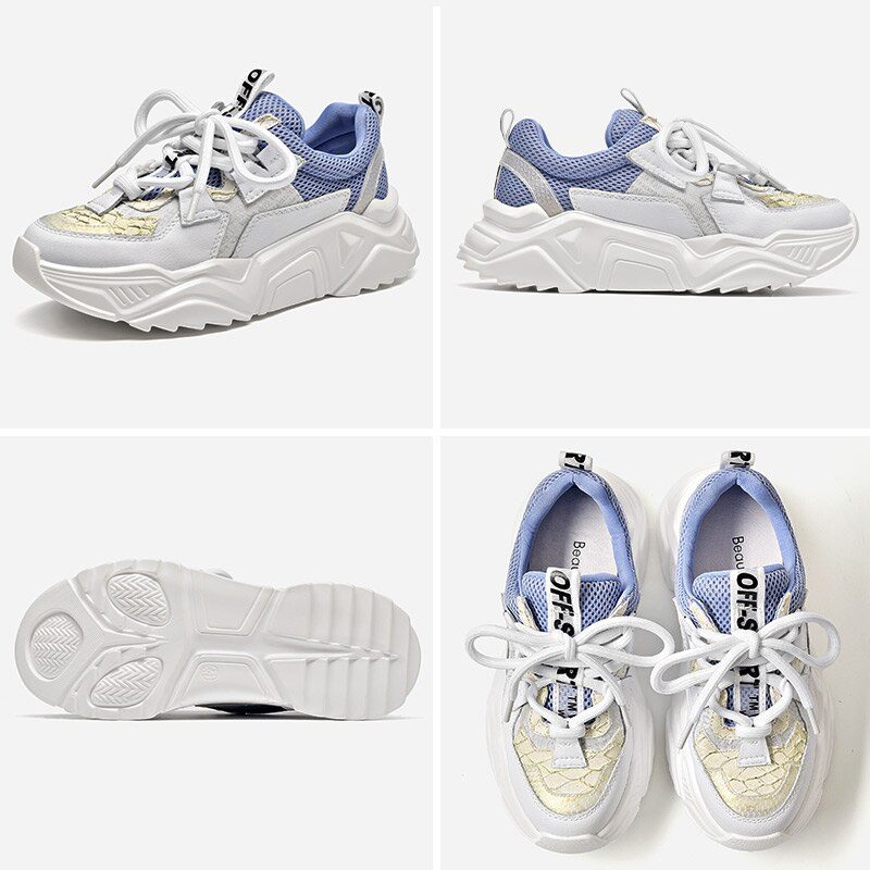 Chelma Sneaker Platform Søde Lædersko Til Kvinder - Hvid Blå