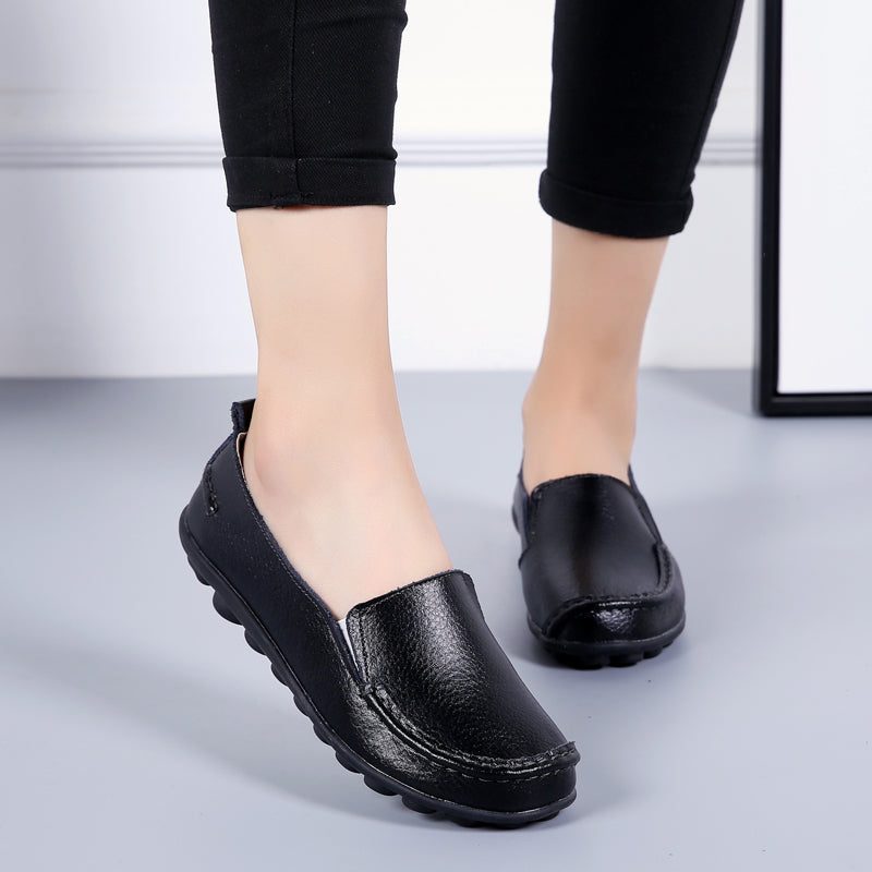 Debbie Dame Læder Loafers Sko Slip On - Beige