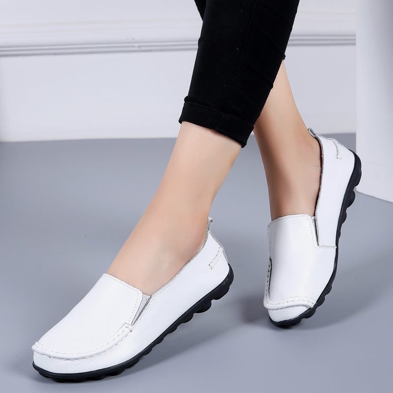 Debbie Dame Læder Loafers Sko Slip On - Beige