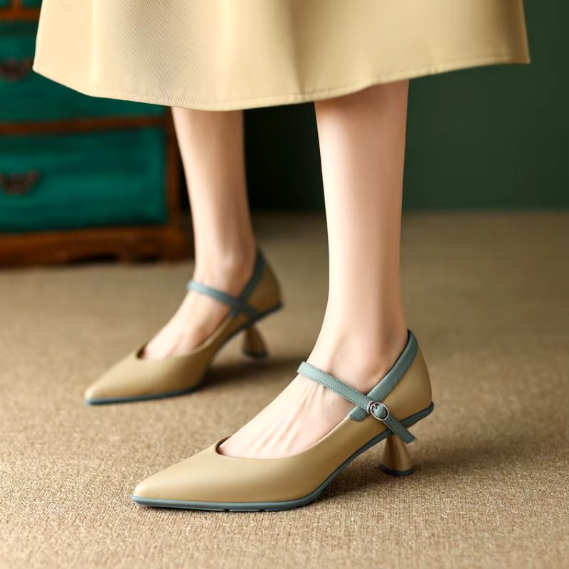 Delia Dame Læder Kjole Pumps - Abrikos