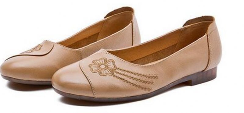 Dianna Damebroderede Bløde Læder Slip-on Loafer Sko - Khaki