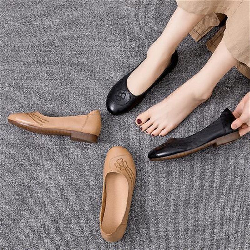Dianna Damebroderede Bløde Læder Slip-on Loafer Sko - Khaki