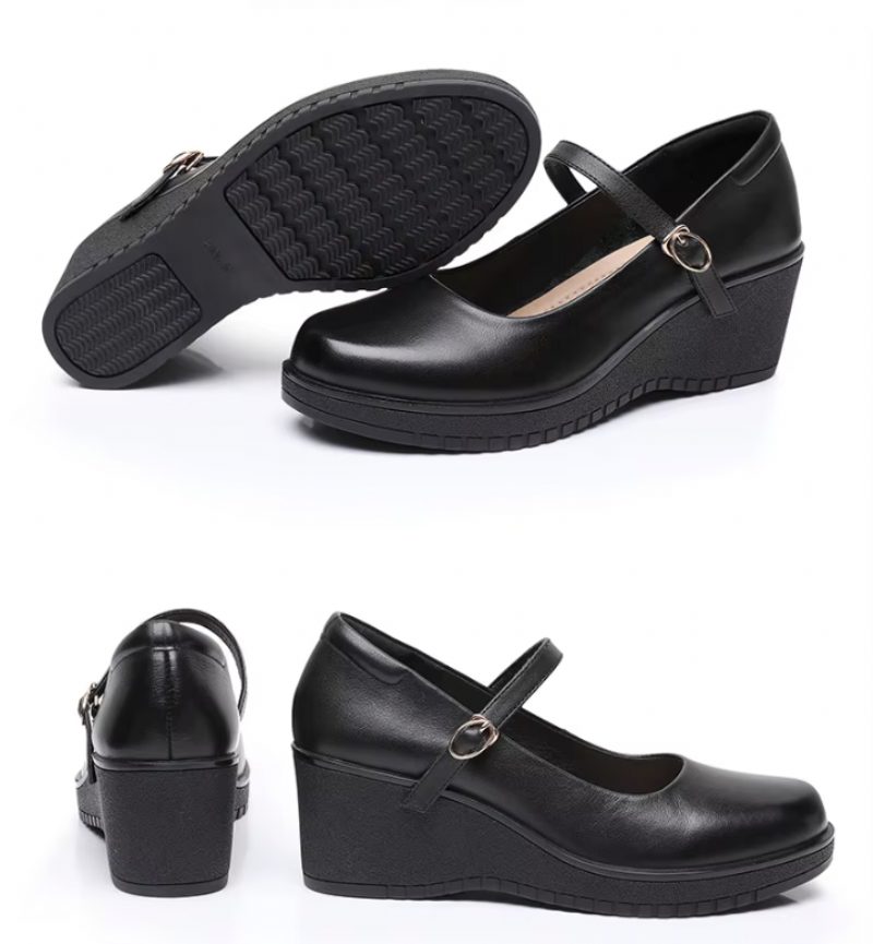 Elaine Dame Ankel Strap Wedges Pumps - Sort