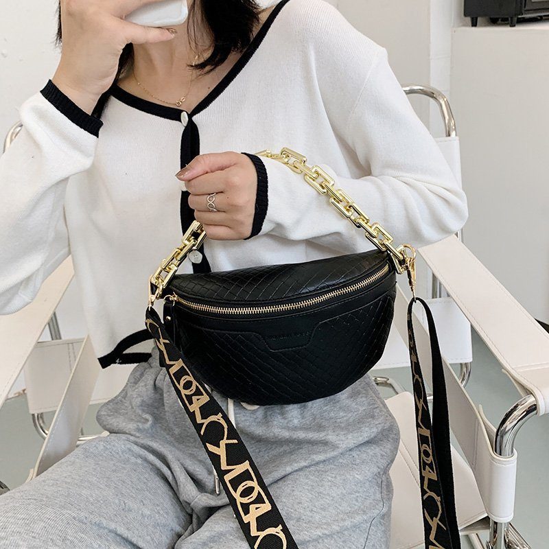 Holny Kvinders Lille Tyk Kæde Læder Crossbody Håndtaske - Sort