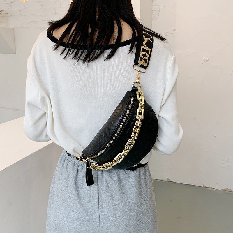 Holny Kvinders Lille Tyk Kæde Læder Crossbody Håndtaske - Sort