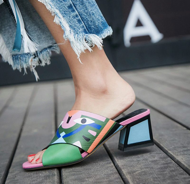 Jonkins Dame Med Prints Hæl Sandal - Blå