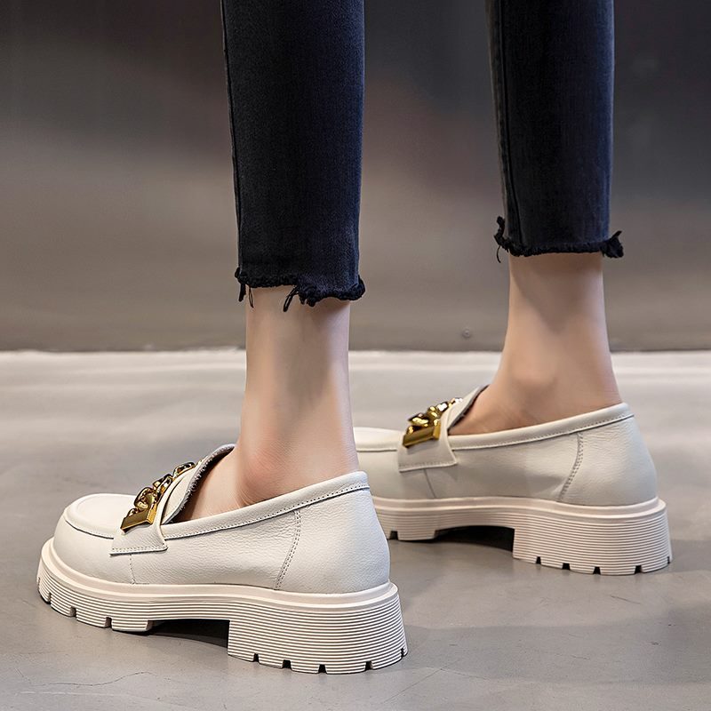 Julia Dame Dressy Platform Læder Loafer Sko - Beige