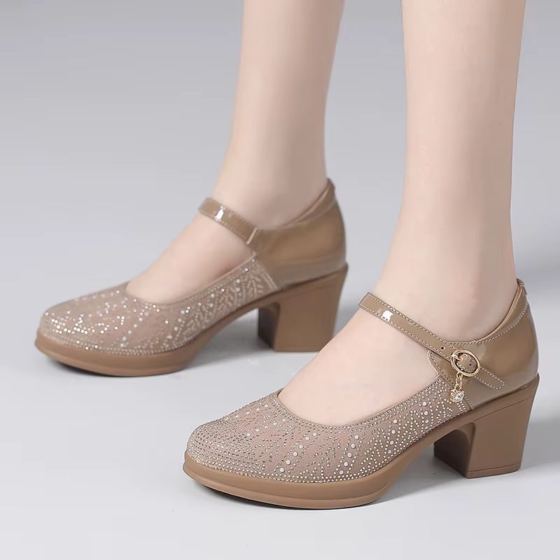 Margot Dame Patent Pumps Med Tyk Hæl - Abrikos