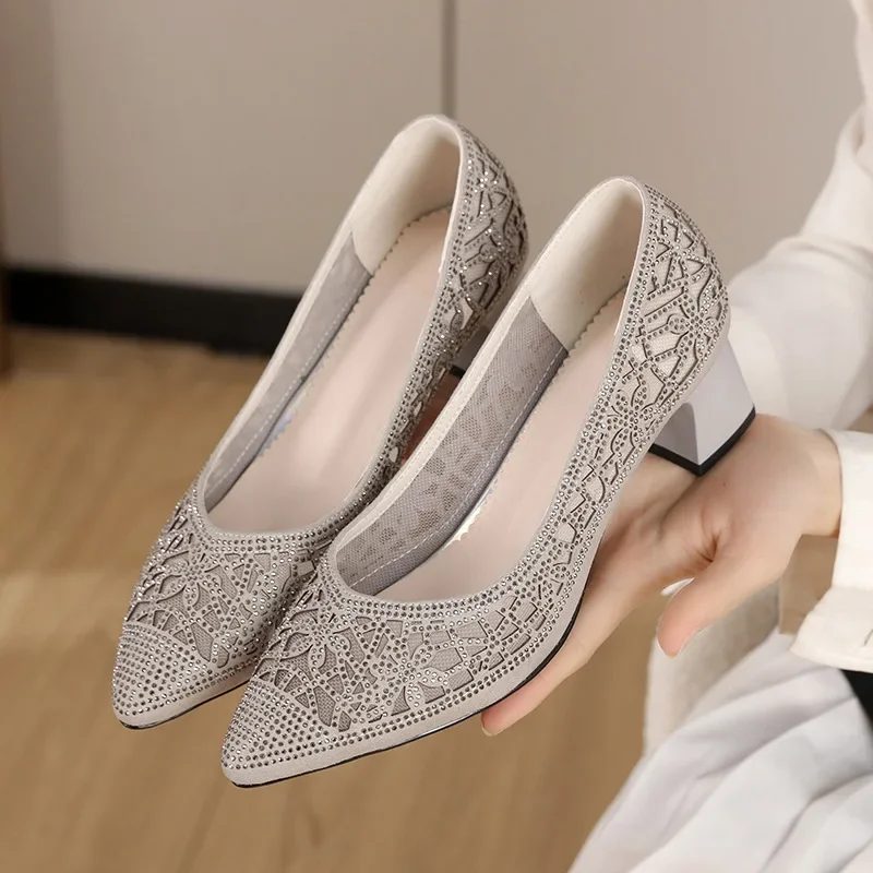 Mary Dame Rhinestone Pointed Toe Pumps - Guld