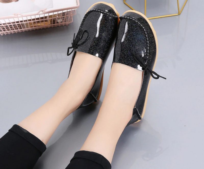 Mechi Dame Loafer Patent Flat Slip-on Sko - Sort