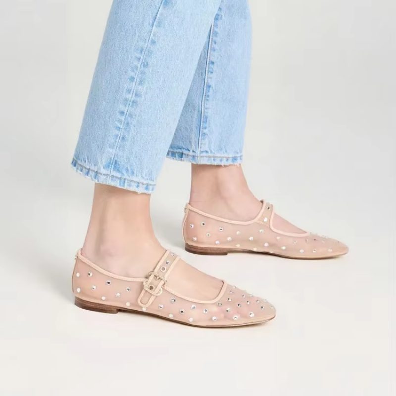 Oralia Dame Rhinestone Ballet Flats - Beige