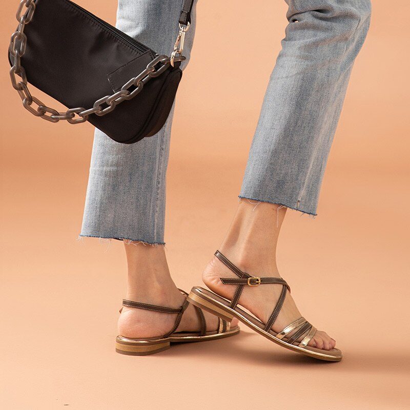 Polonia Gladiator Flad Sandal I Læder Til Kvinder - Kaffe