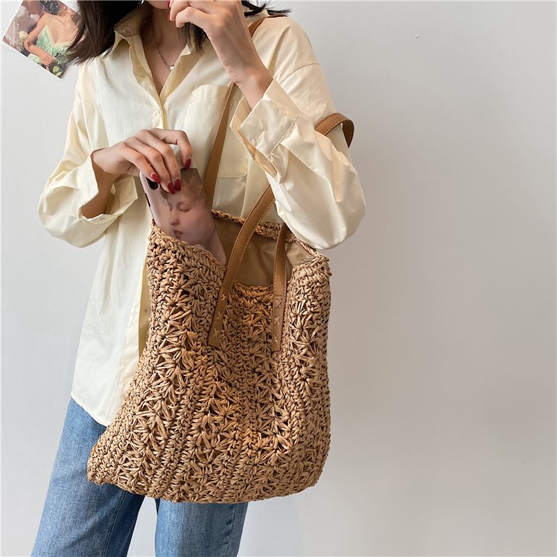 Porte Dame Straw Weave Skulder Håndtaske - Beige