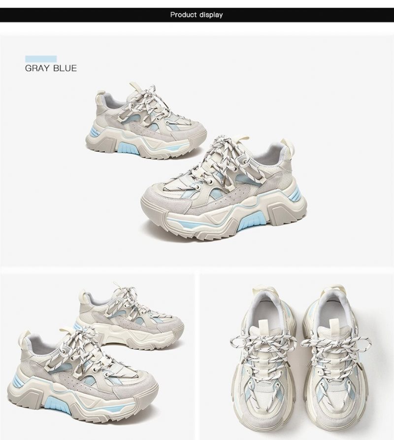Sinay Læder Sneaker Platform Sole Sko - Grå Blå