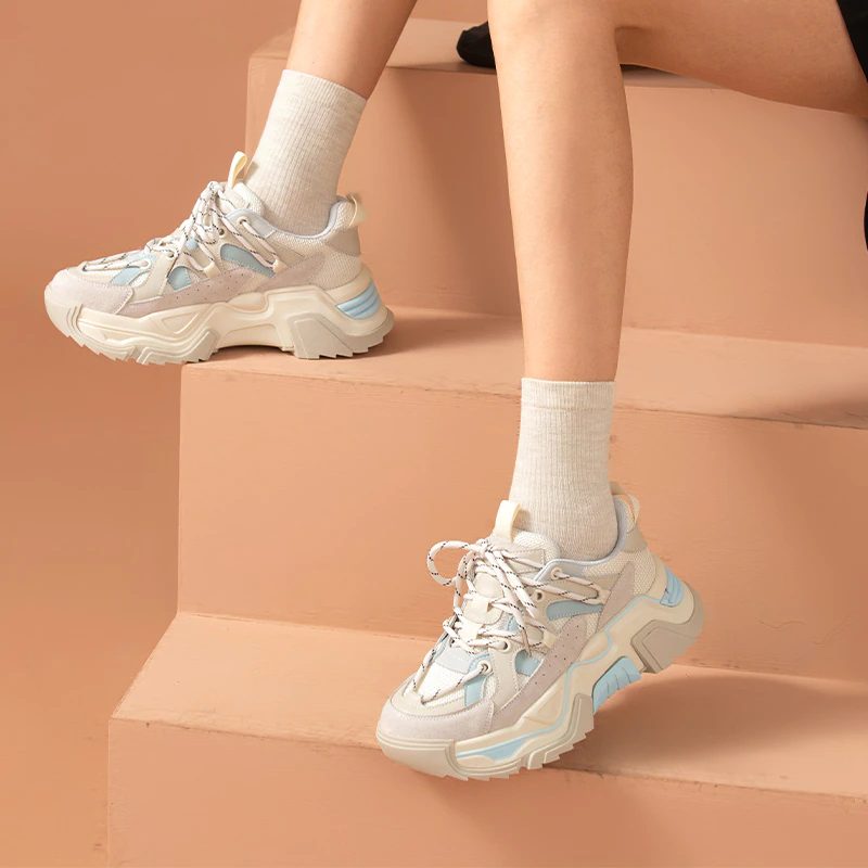 Sinay Læder Sneaker Platform Sole Sko - Grå Blå