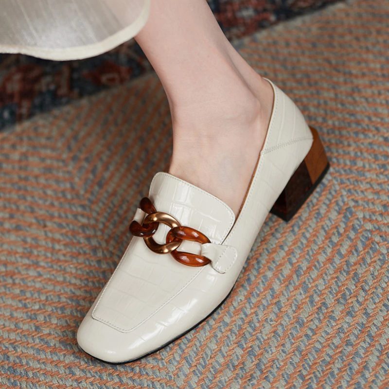 Susex Chunky Hæl Læder Loafer Sko Til Kvinder - Beige