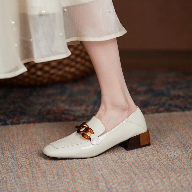 Susex Chunky Hæl Læder Loafer Sko Til Kvinder - Beige