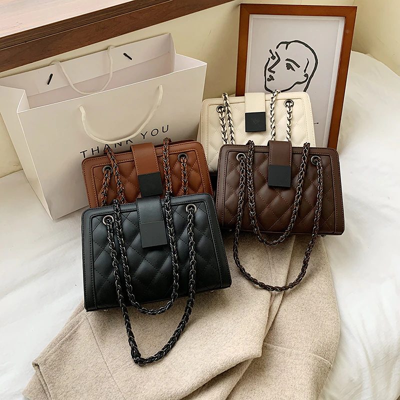 Vangot Damehåndtaske Trendy Designer Chain Læder Tote - Sort