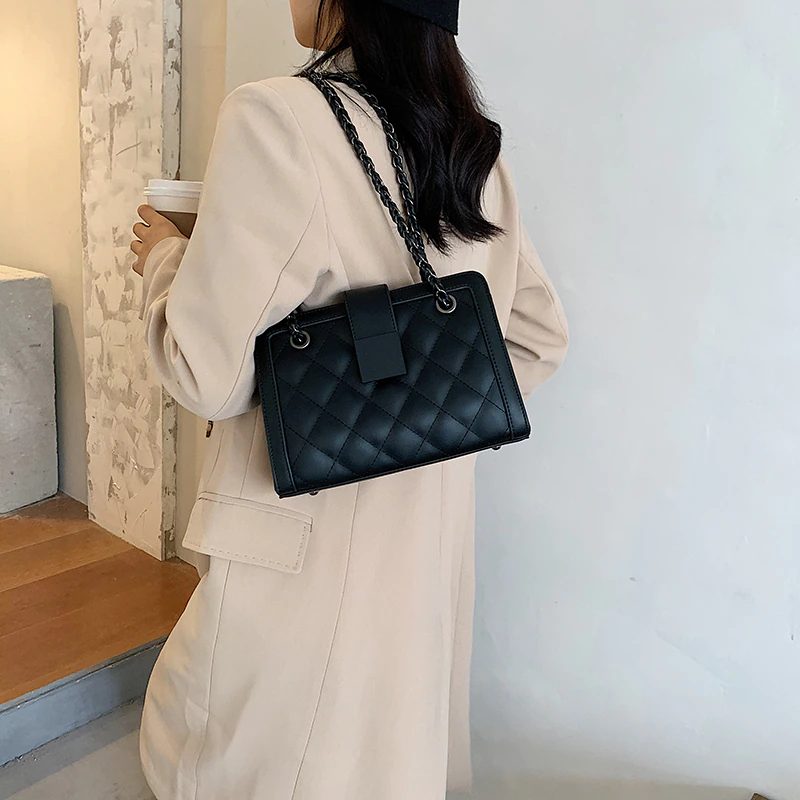 Vangot Damehåndtaske Trendy Designer Chain Læder Tote - Sort