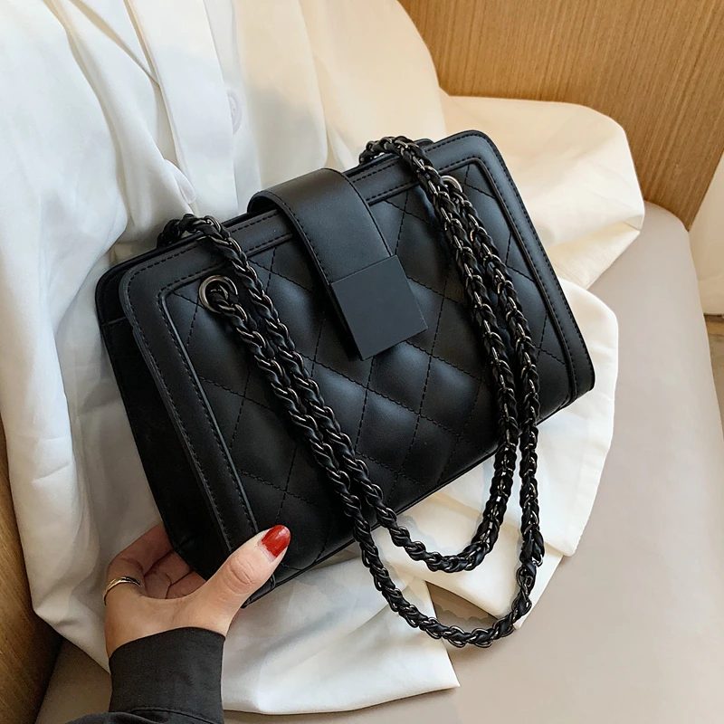 Vangot Damehåndtaske Trendy Designer Chain Læder Tote - Sort